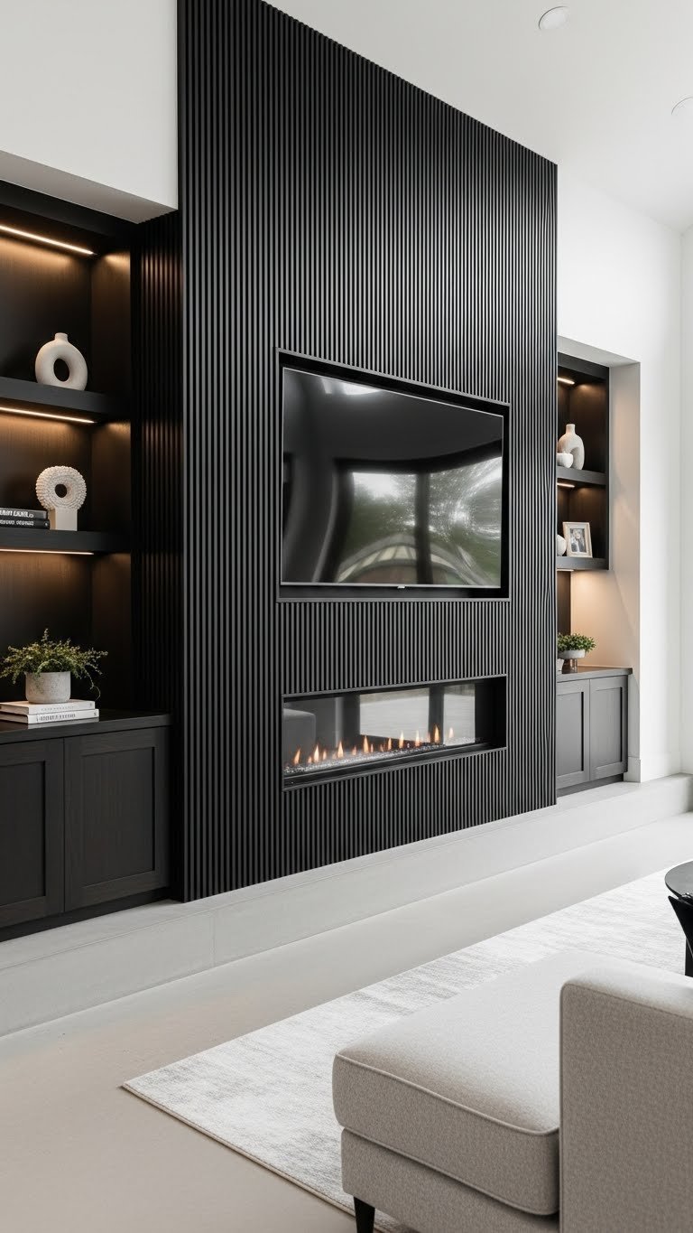 Modern feature wall with integrated TV and fireplace creates a focal point in an open concept living room. Sleek design.