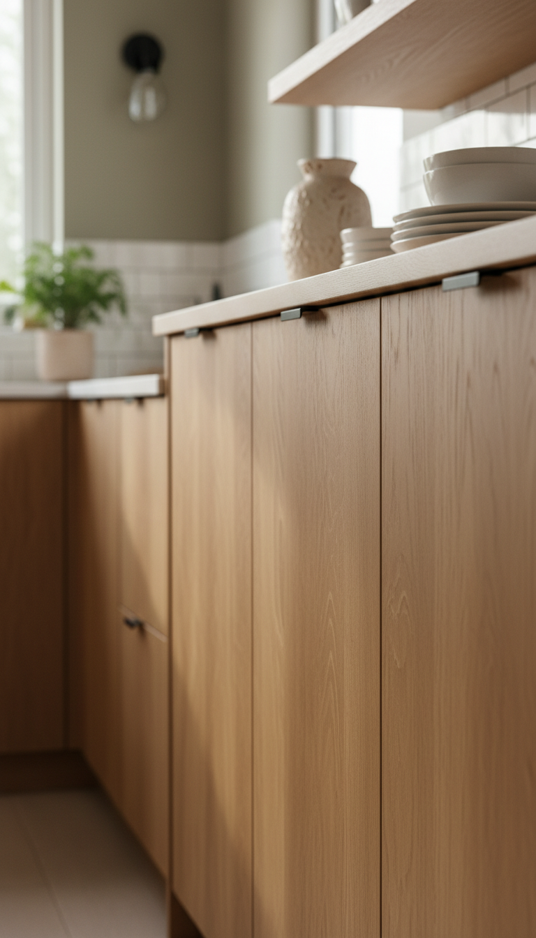 Modern flat-panel natural oak kitchen cabinetry, subtle wood grain, matte finish, minimalist hardware. Cozy kitchen design with ceramic vases.