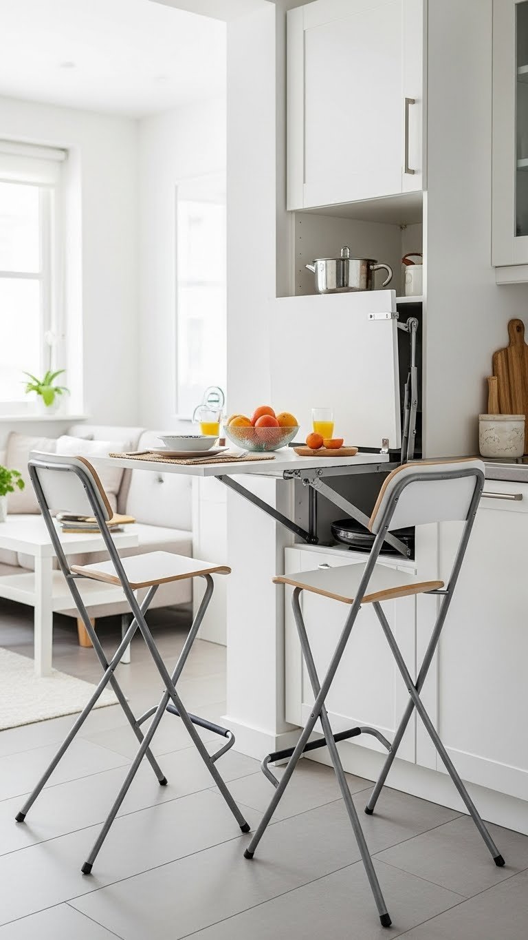 Modern flip-up kitchen counter extension, space-saving breakfast bar. Small open-concept kitchen, sleek design, light tile.