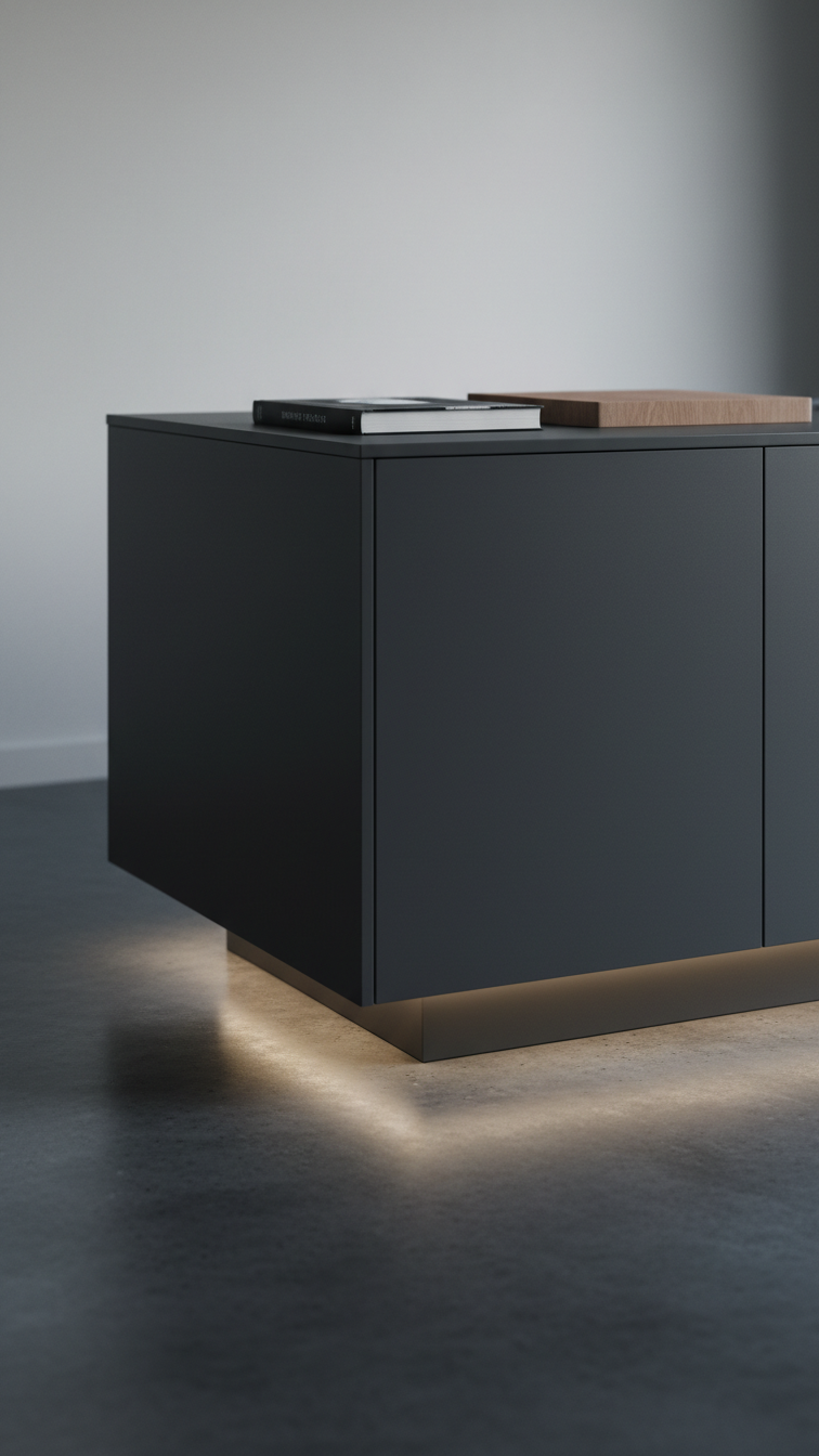 Modern floating kitchen island, dark matte finish, subtle perimeter LED light strip giving levitation illusion, clean shadow line.