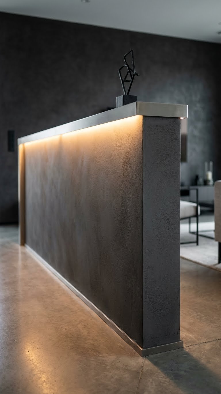 Modern half wall with integrated warm LED lighting, creating minimalist effect. Seamless room transition, polished concrete floor, dramatic lighting.