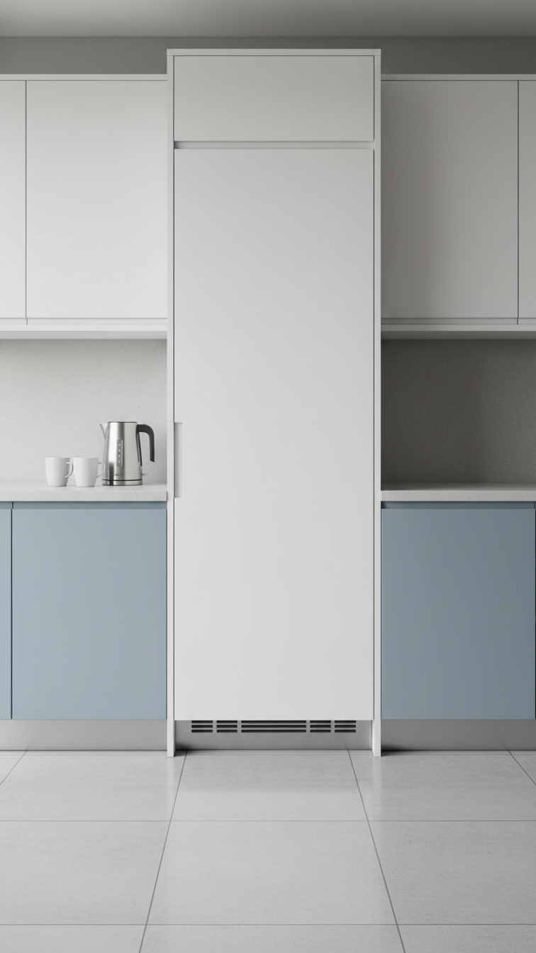 Modern Handleless Kitchen Design: 11 Ideas For Seamless Style 19 Modern handleless kitchen featuring fully integrated appliance, seamlessly concealed behind a white slab door. Clean, minimalist design.