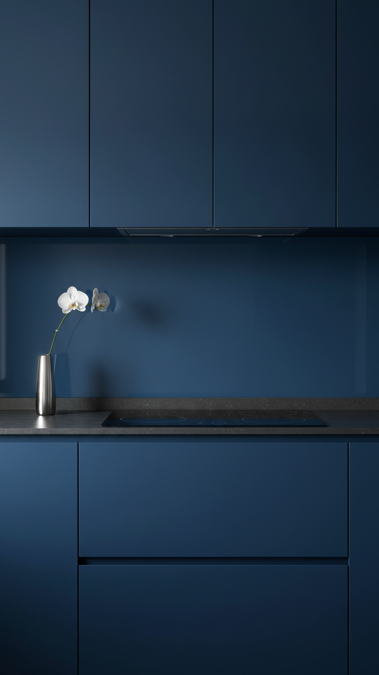 Modern handleless sapphire blue kitchen cabinets with sleek flat panels, dark stone counter, silver vase, and integrated stovetop.