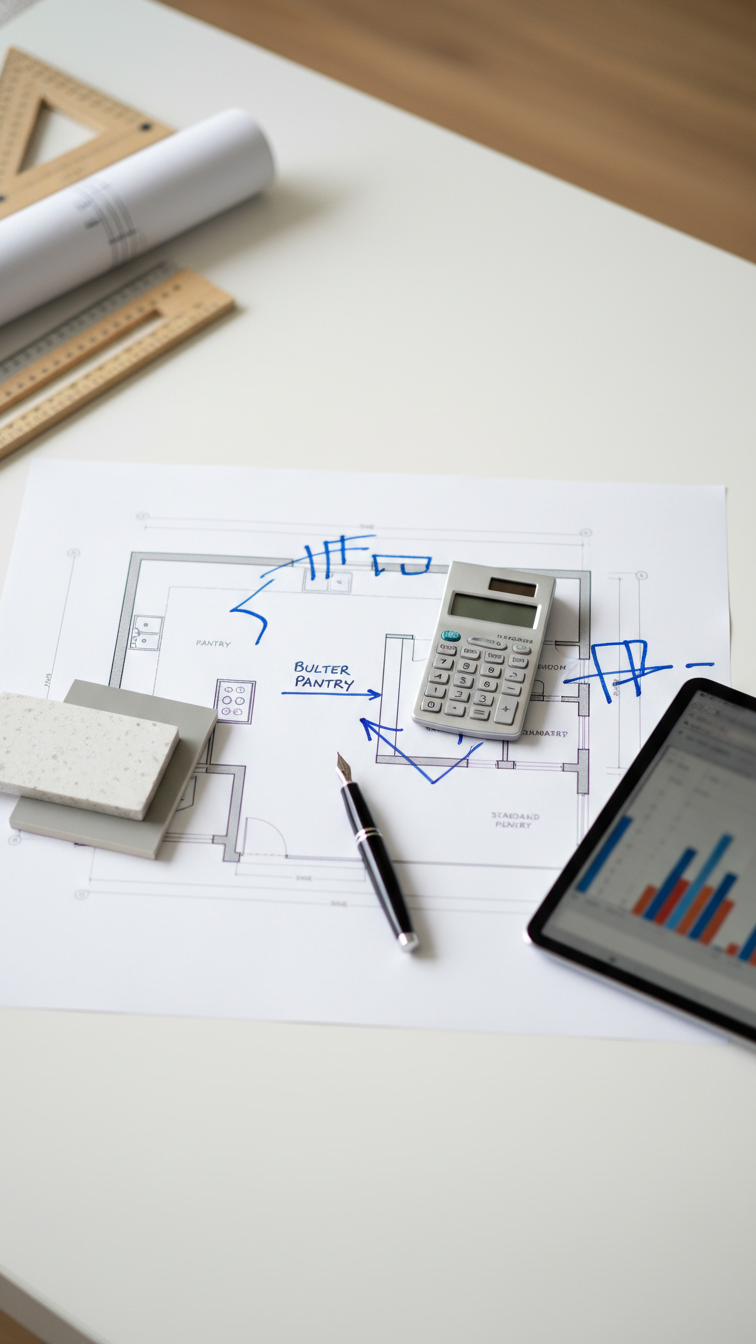 Modern home blueprint of a butler's pantry kitchen layout with financial planning notes, calculator, and material samples. Pantry cost analysis.