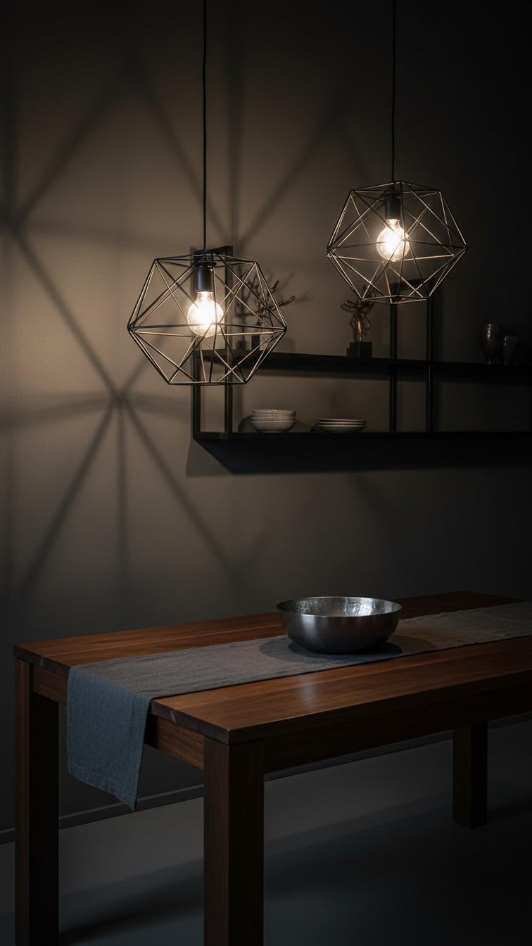 Modern industrial kitchen featuring dark metal geometric pendant lights over a dining table, casting intricate shadow patterns.