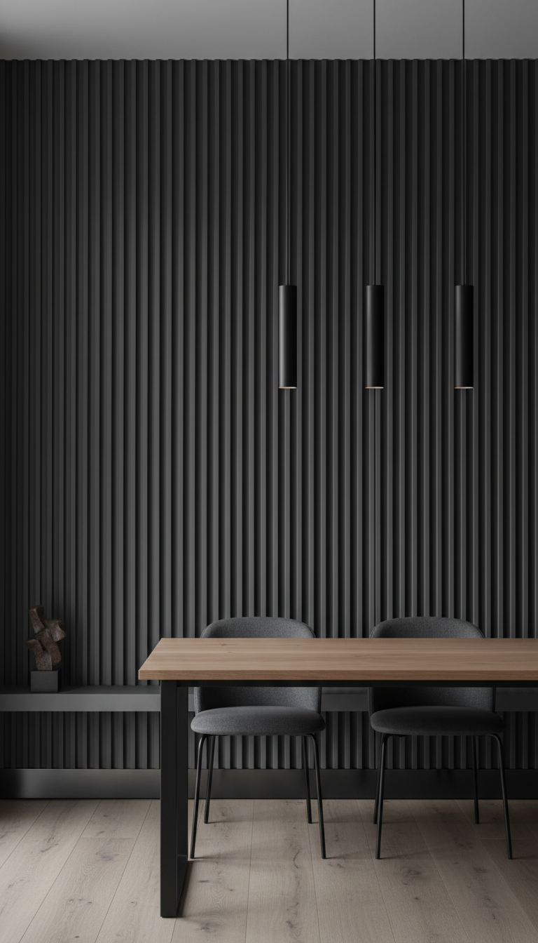 Modern kitchen accent wall: charcoal fluted paneling, sleek dining area with wooden table, modern pendant lighting, elegant architectural detail.