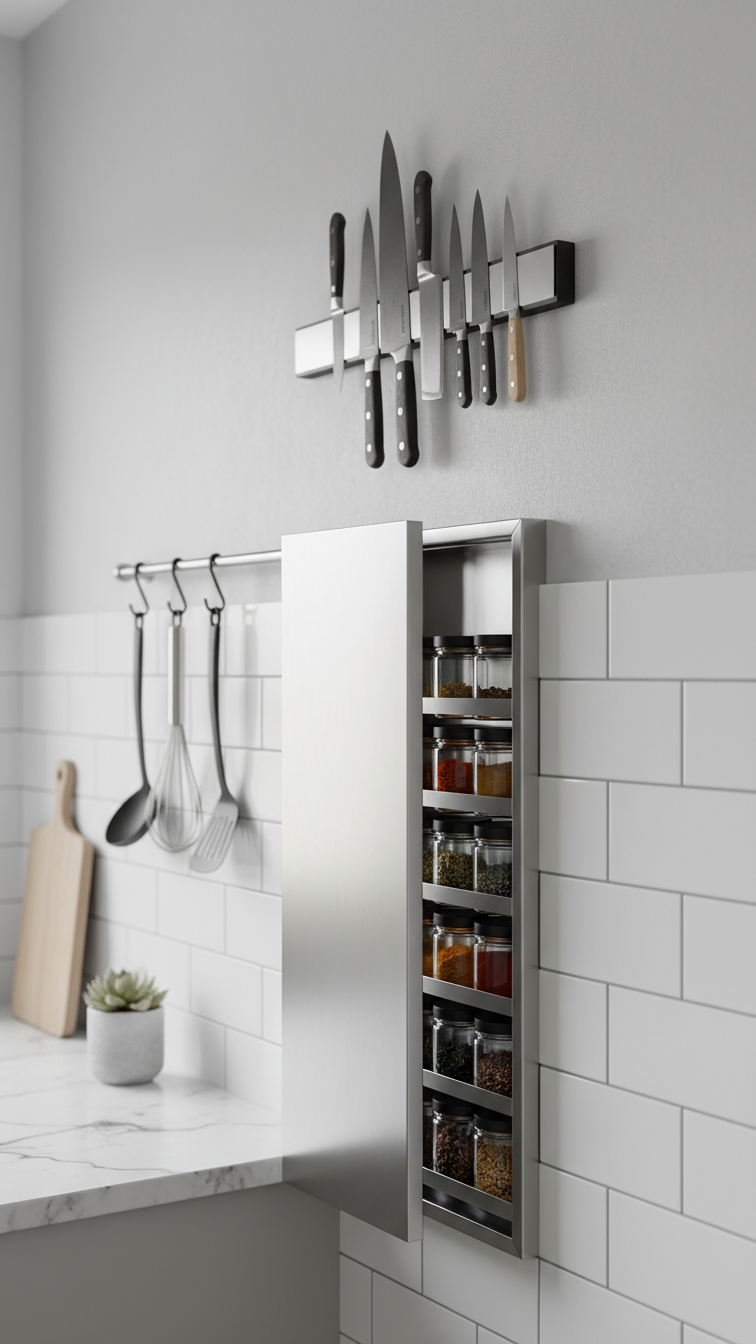 Modern kitchen alternative storage: wall-mounted magnetic knife strip and hidden spice rack for minimalist organization.