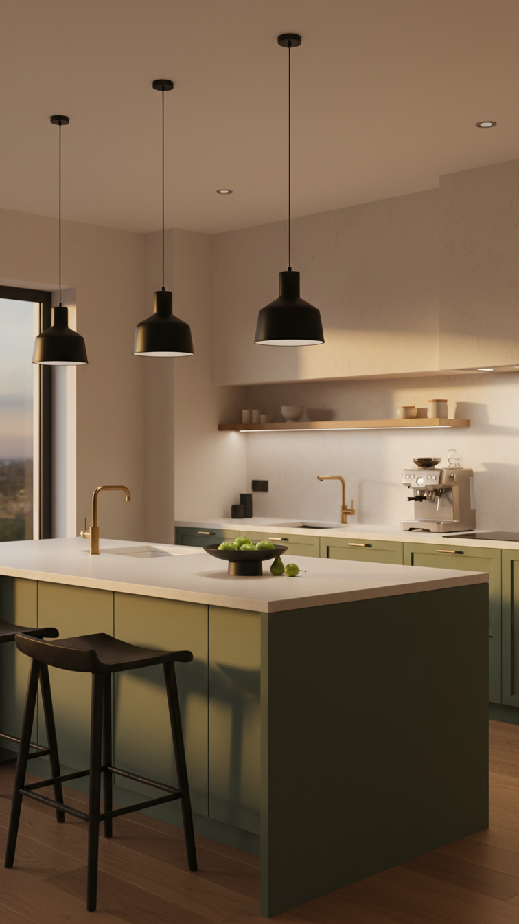 Modern kitchen at dusk: sage green island, black pendant lights, under-cabinet lighting, white countertop, sophisticated ambiance.