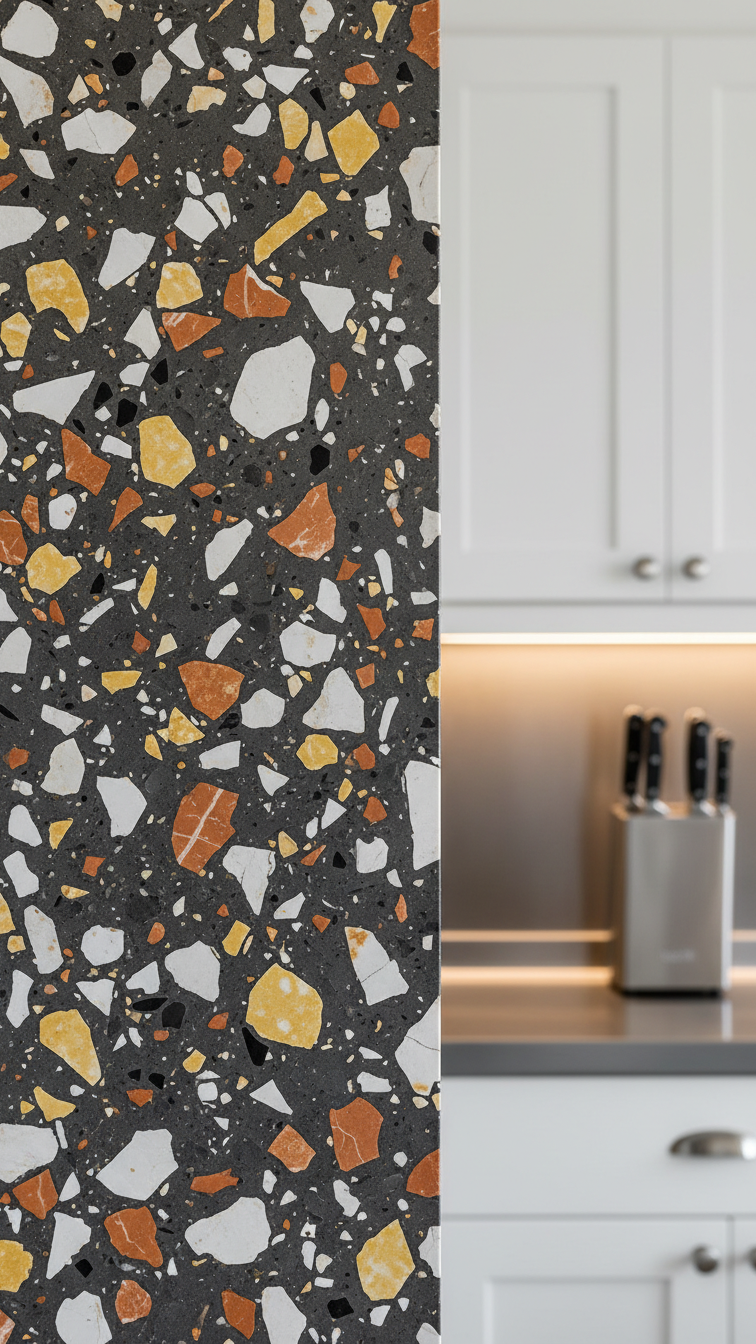 Modern kitchen backsplash, high-contrast dark charcoal terrazzo with large light aggregate, dramatic side lighting, textured detail.