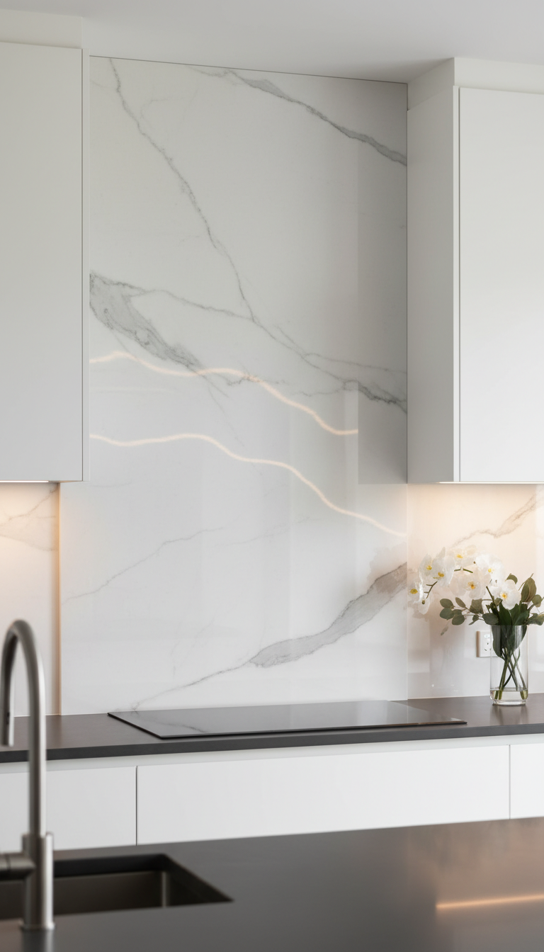 Modern kitchen backsplash with seamless large format marble-look tile behind induction cooktop. Dark quartz, white cabinets, undercabinet lighting.