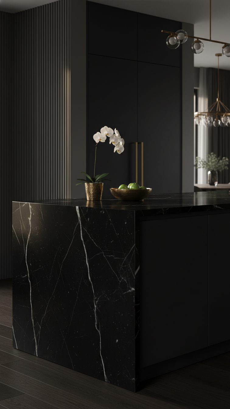 Modern kitchen, black Nero Marquina marble waterfall island, dark cabinetry, brass hardware, white orchid. Luxurious, moody design.