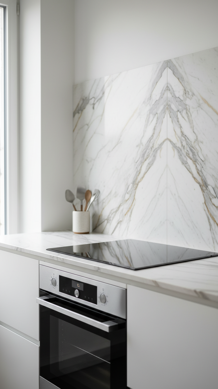 Modern kitchen, bookmatched Calacatta Gold marble slabs, grey-gold veining, sleek induction stovetop, minimalist white cabinetry, stainless.