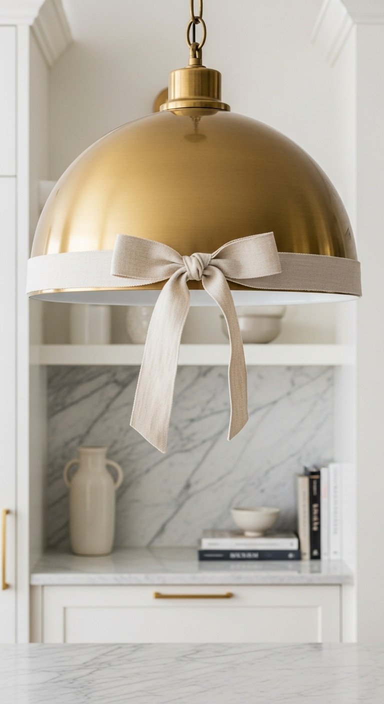 Modern kitchen brass dome pendant light with a wide cream linen ribbon bow, marble countertop, minimalist design, and clean aesthetic.