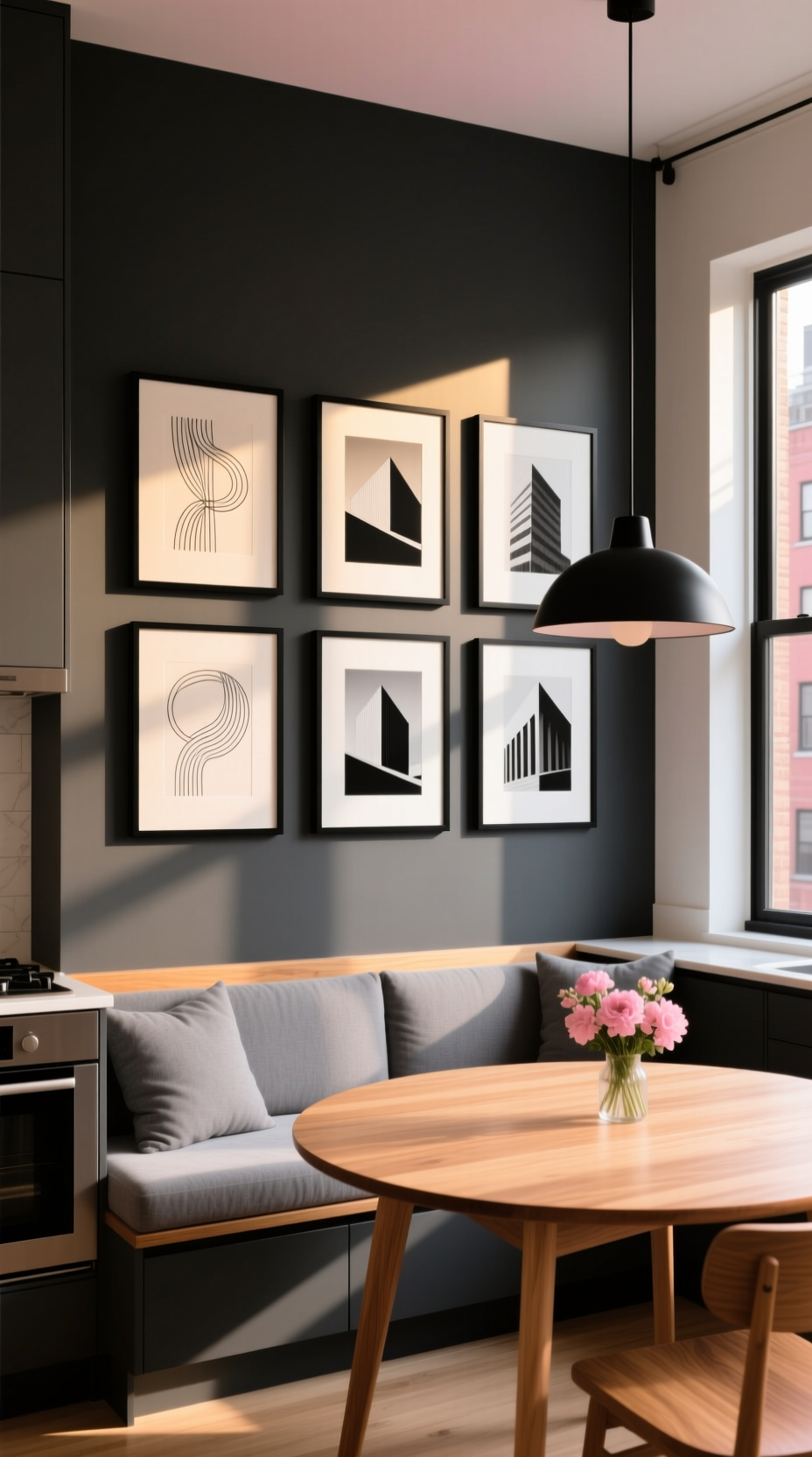 Modern kitchen breakfast nook with a gallery wall of six black frames on a charcoal gray accent wall above a cushioned bench.