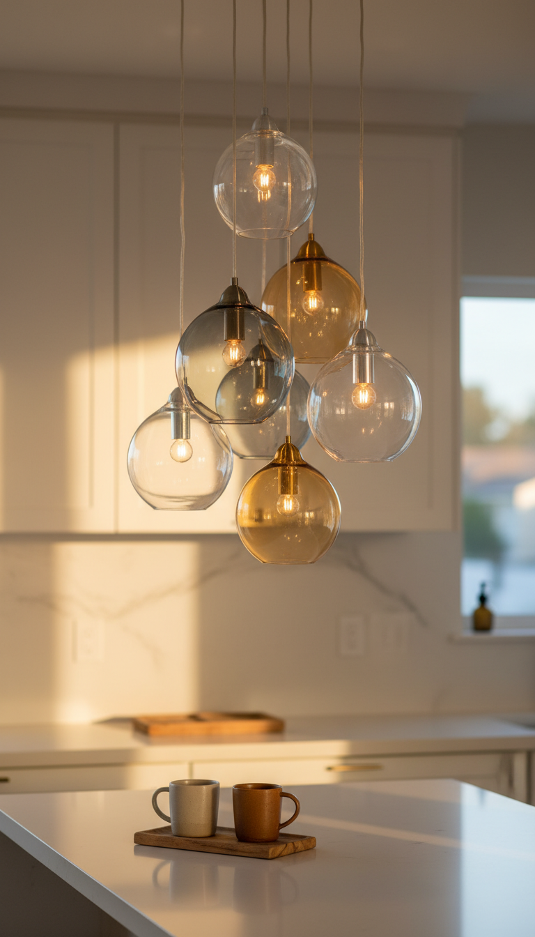 Modern kitchen: cluster of organic hand-blown glass pendant lights over a white quartz breakfast bar. Warm golden tones, cozy design.