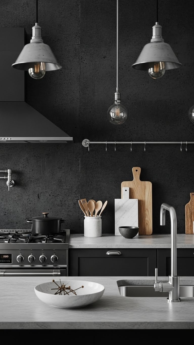 7 Moody Kitchen Wallpaper Ideas To Create Dramatic Style 4 Modern kitchen: dark industrial concrete wallpaper, deep charcoal gray. Sleek black cabinets, stainless steel, stone surface, steel piping.