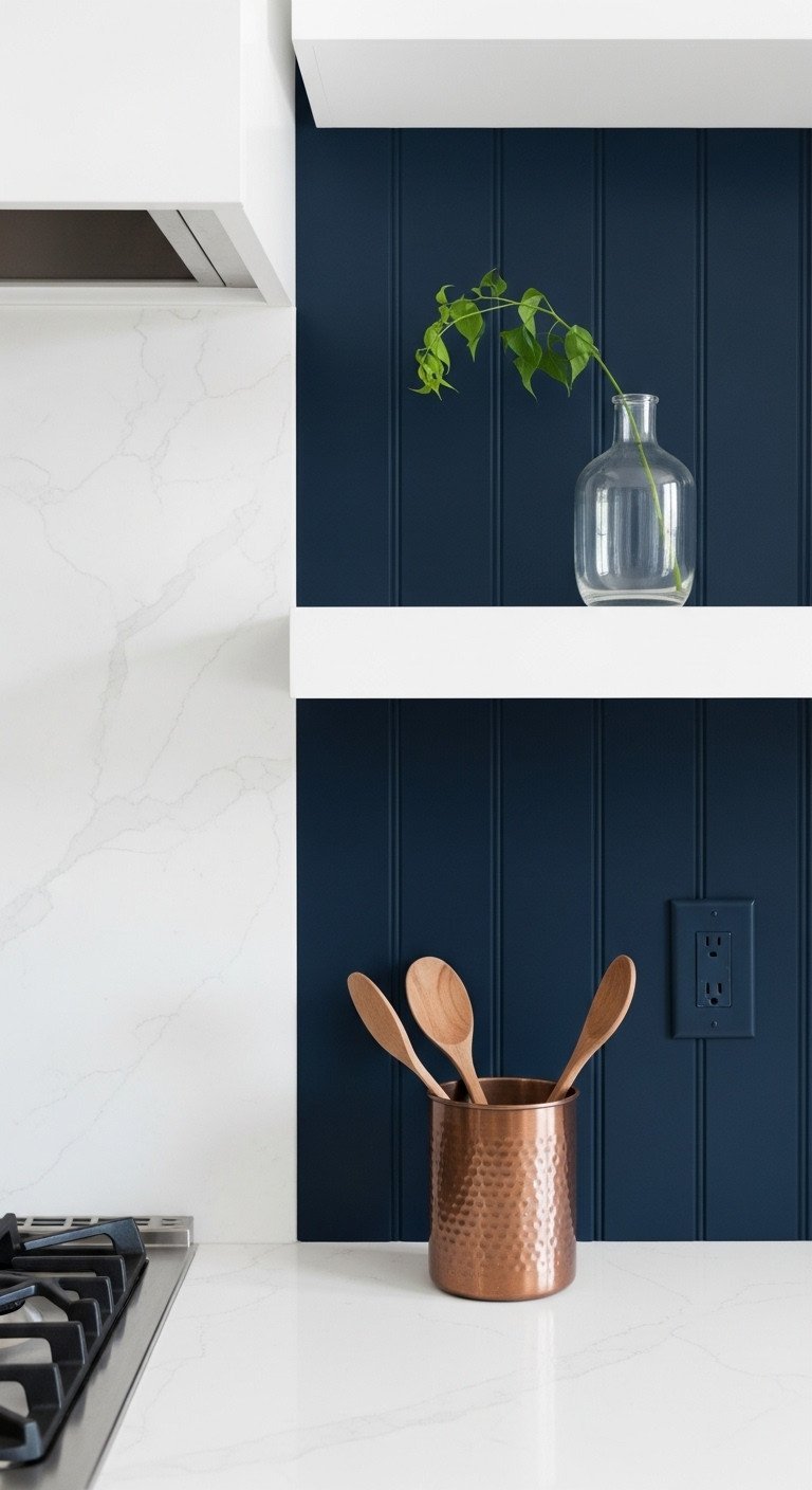 Modern kitchen, dark navy beadboard backsplash, crisp white floating shelves, copper utensil holder, glass vase.