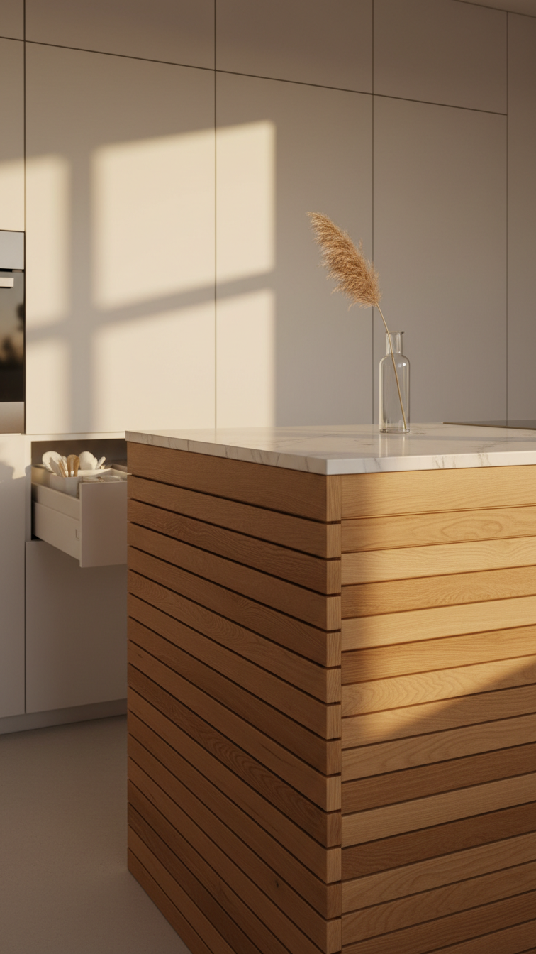 Modern kitchen design blending warm natural oak wood accents with smooth white cabinetry, contrasting textures, inviting golden hour light.