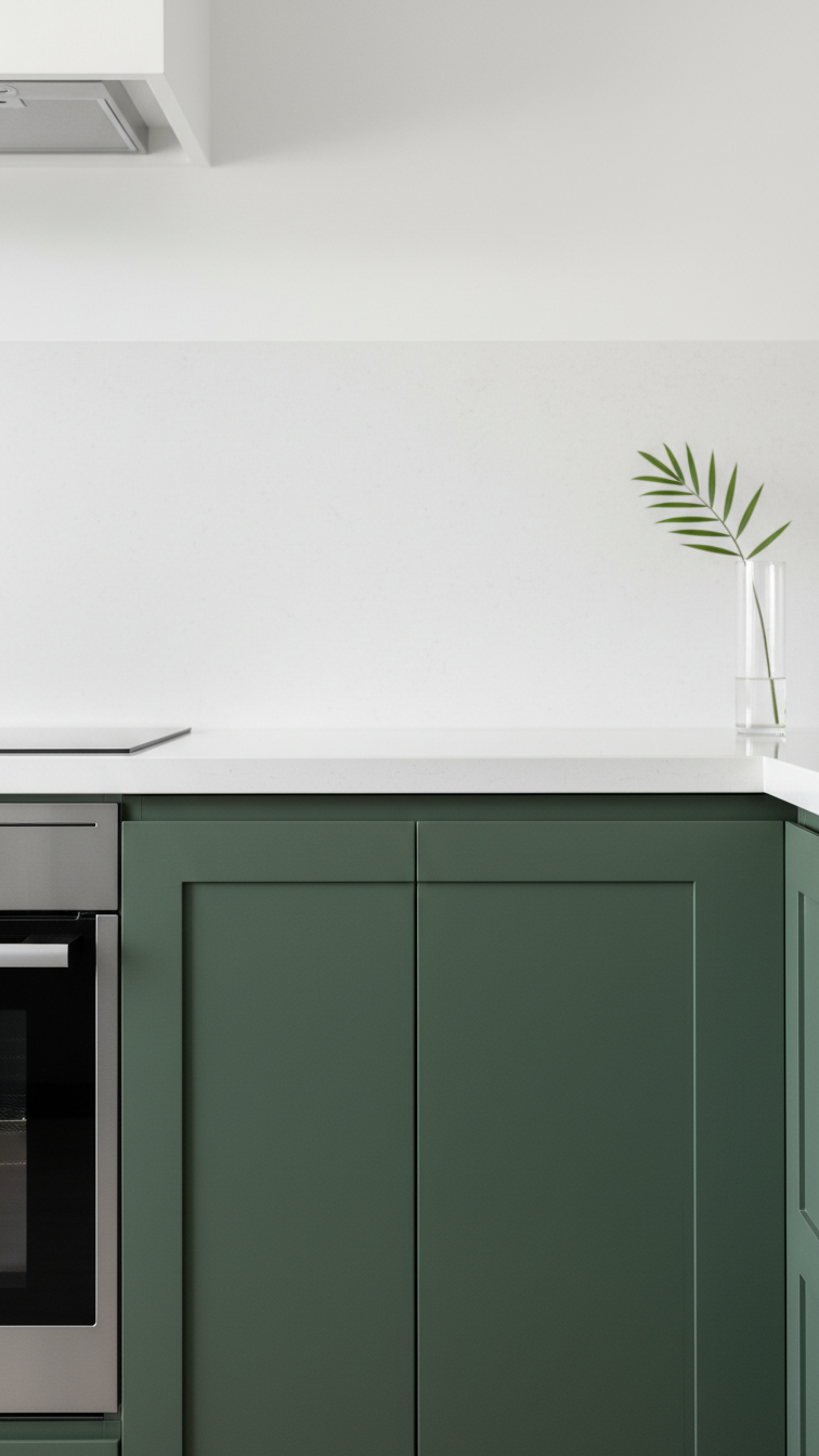 Modern kitchen design: deep sage green flat-panel cabinets meeting a clean white quartz countertop, showcasing sharp lines.