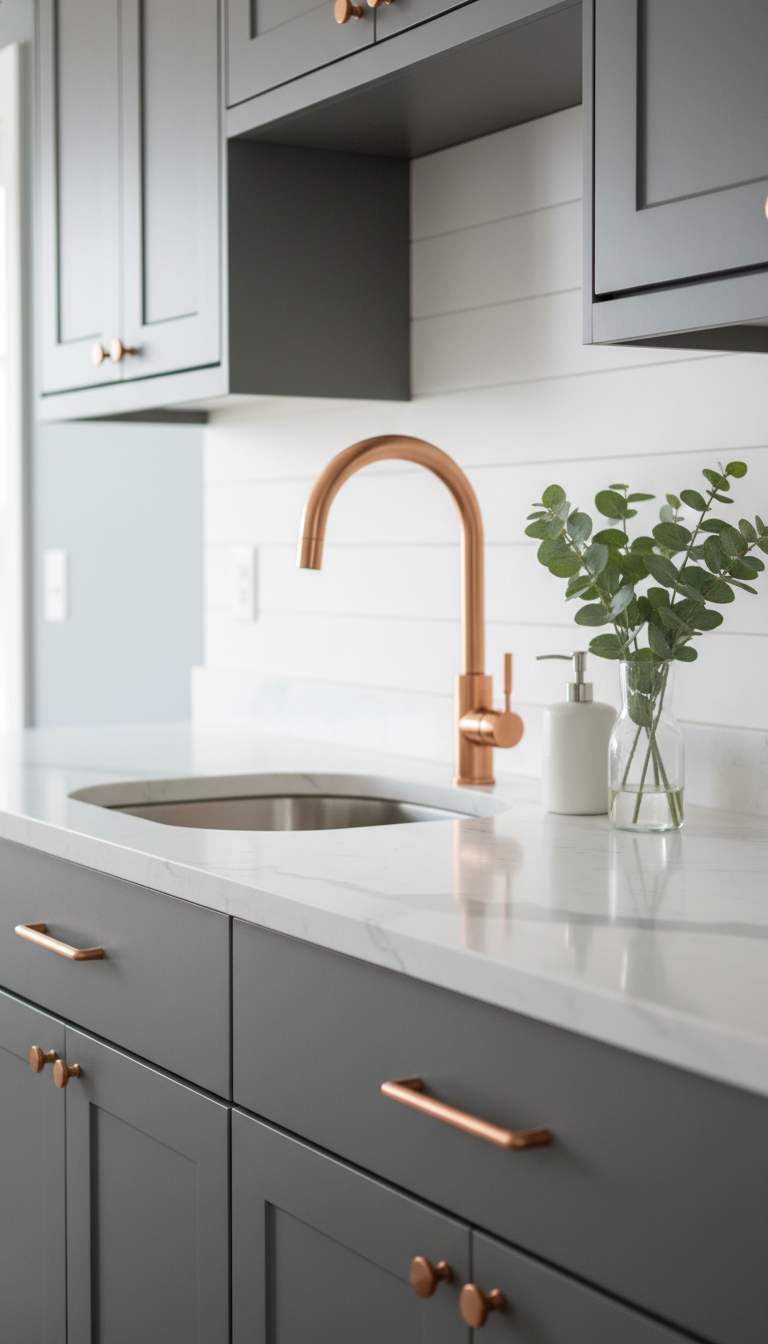Modern kitchen design featuring a sleek polished copper faucet, minimalist dark grey cabinets with copper pulls, and a white marble countertop.