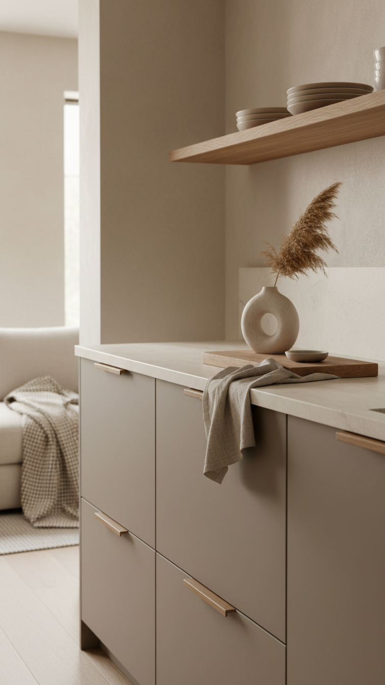 Modern kitchen design featuring matte mushroom taupe cabinets, creamy stone countertop, natural wood, and ceramic vase detail.