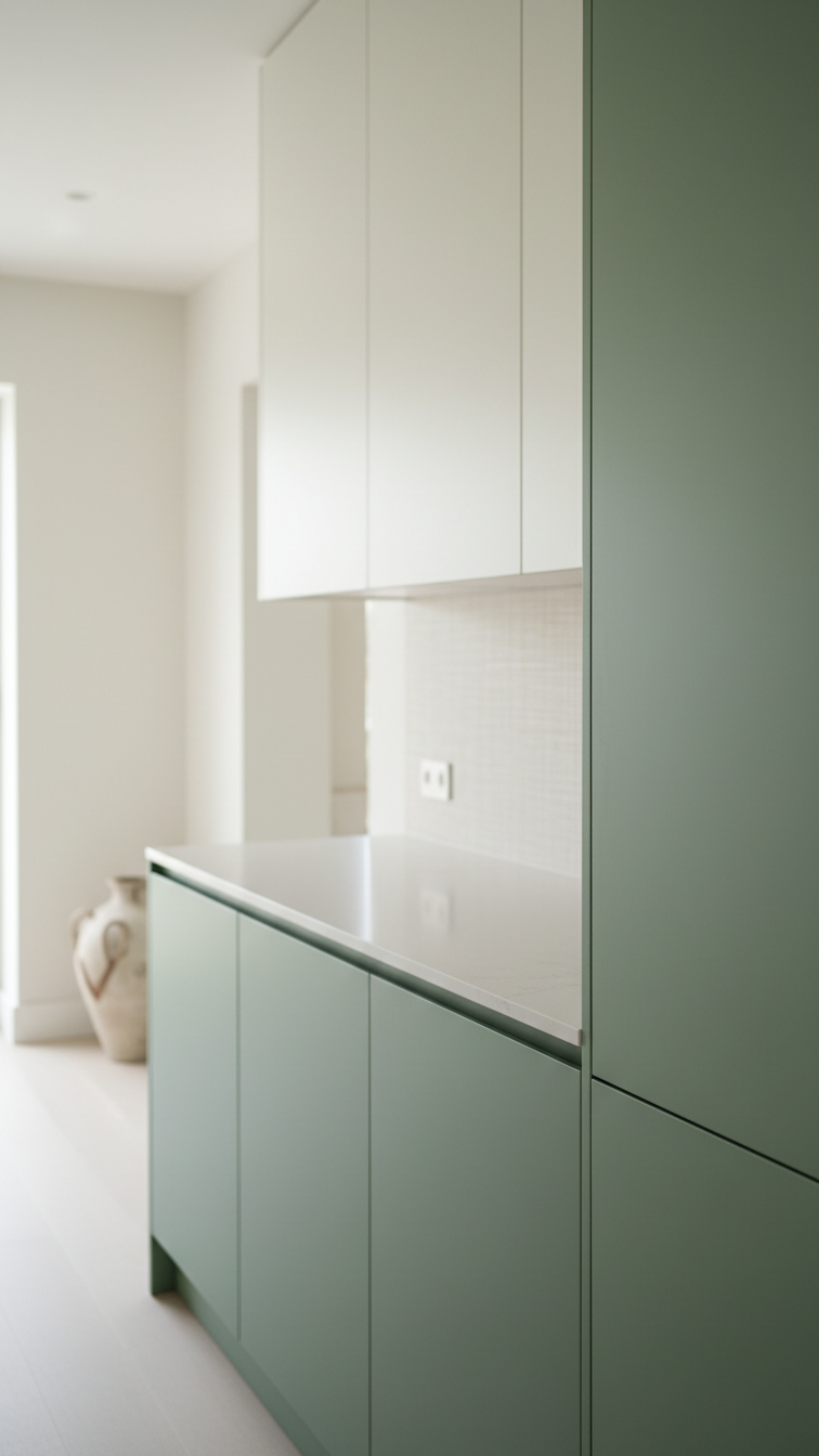 Modern kitchen design featuring monochromatic floor-to-ceiling sage green handleless cabinetry, enhanced by a clean white quartz countertop.