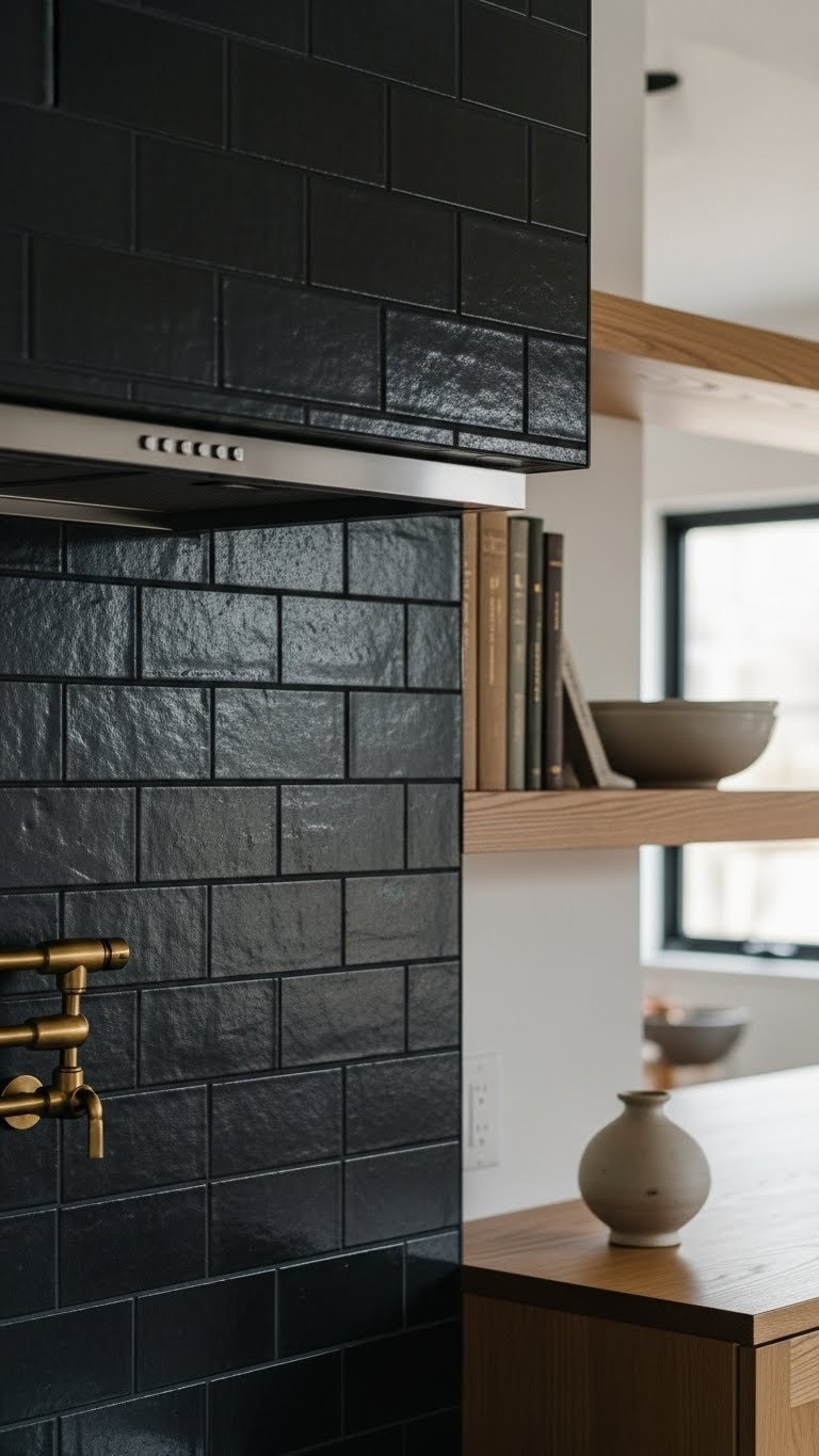Modern kitchen features matte black subway tile backsplash with deep charcoal grout, brass hardware, and a ceramic vase, illuminated by natural light.