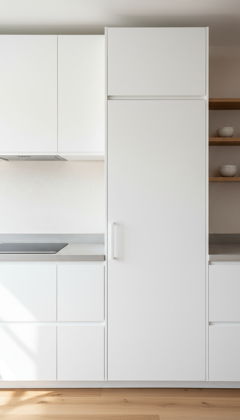 Modern kitchen featuring a fully integrated, full-height refrigerator concealed in seamless matte white cabinetry, sleek hidden handles, minimalist design.