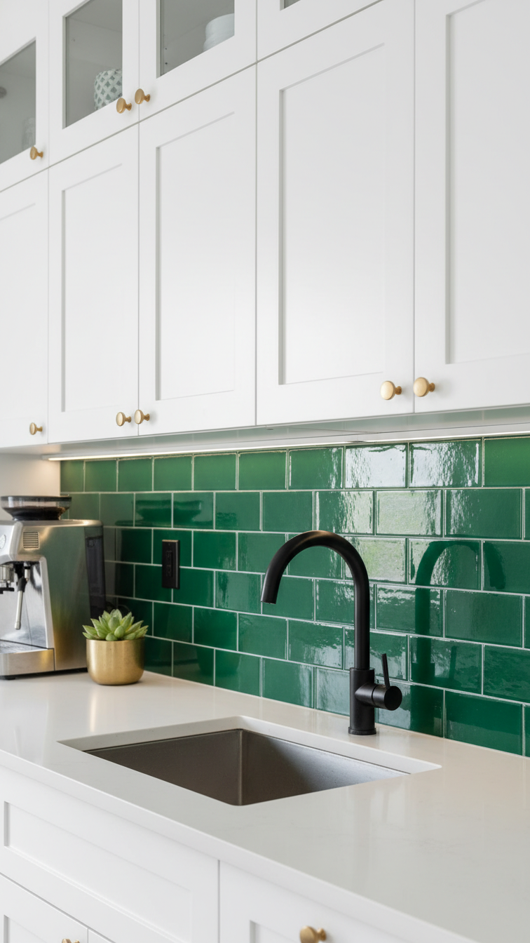 Modern kitchen featuring a high-gloss emerald green subway tile backsplash, contrasting with matte black hardware and white shaker cabinets.