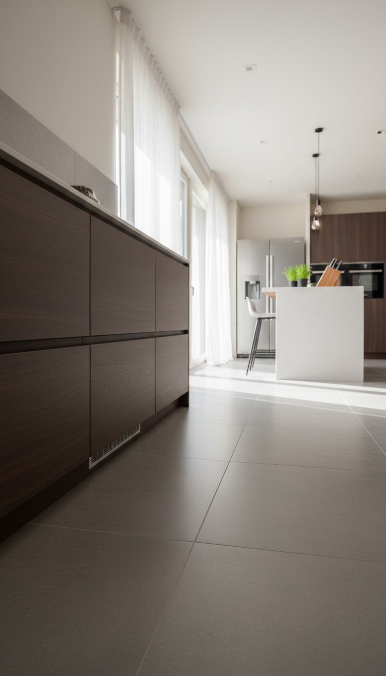 Modern kitchen floor and wall seamlessly tiled with large format neutral gray matte porcelain, expanding the room. Dark wood cabinet, minimalist design.