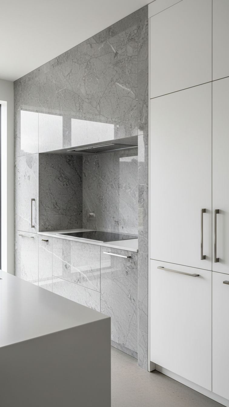 Modern kitchen, full-height gray marble wall (Bardiglio), sleek vent hood, stainless pulls, white cabinetry.