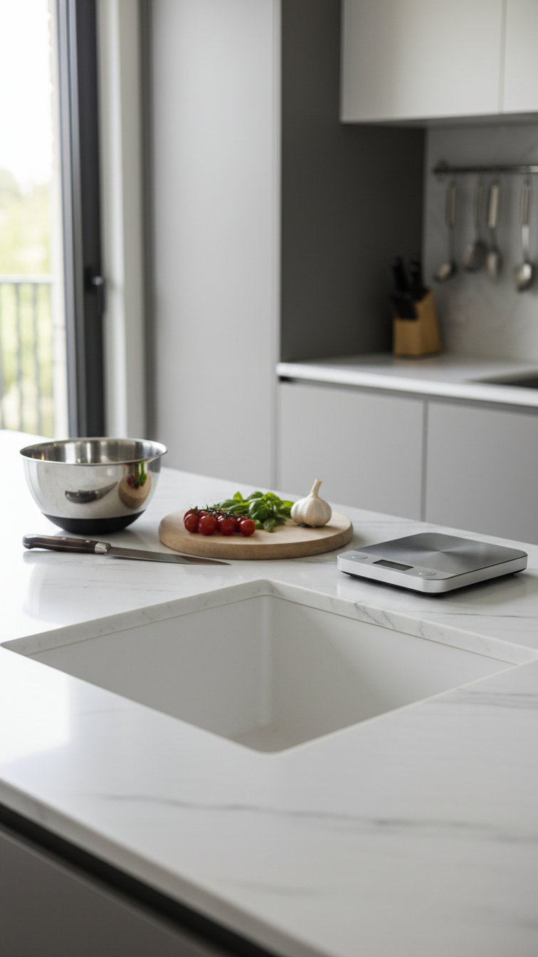Modern kitchen, functional white marble prep station on island. Stainless utensils, scale, mixing bowl, ingredients.