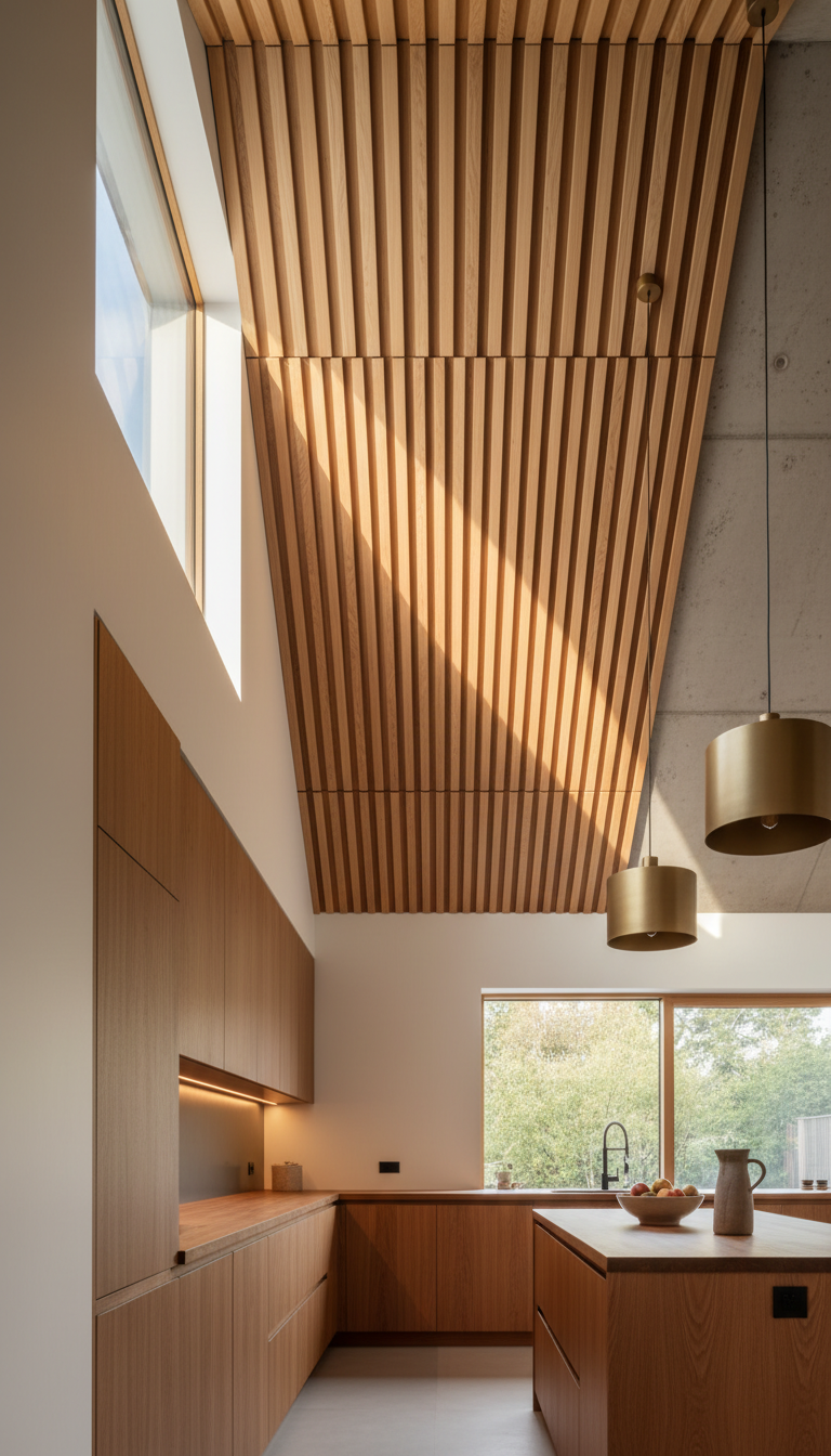 Modern kitchen, high ceiling with wooden acoustic panels, warm wood cabinetry, soft lighting, natural wood countertop.