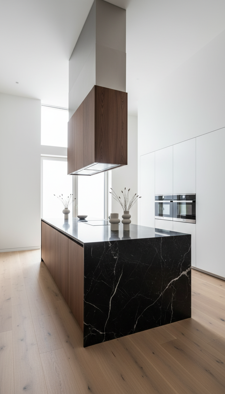 Modern kitchen, high ceilings, large walnut island with waterfall edge, imposing custom range hood, light wood floor.