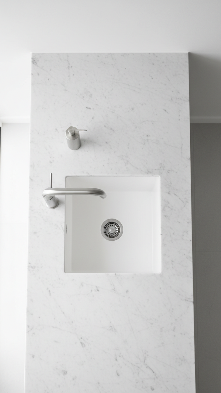 Modern kitchen, honed white marble countertop and integrated sink, matte texture. Stainless faucet, minimalist soap dispenser.