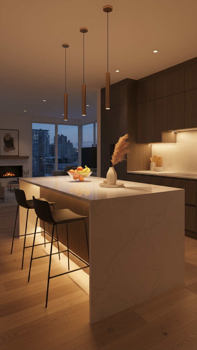 Modern kitchen island at night with dynamic smart lighting, featuring under-cabinet, toe-kick lights & pendant fixtures. Warm, inviting.