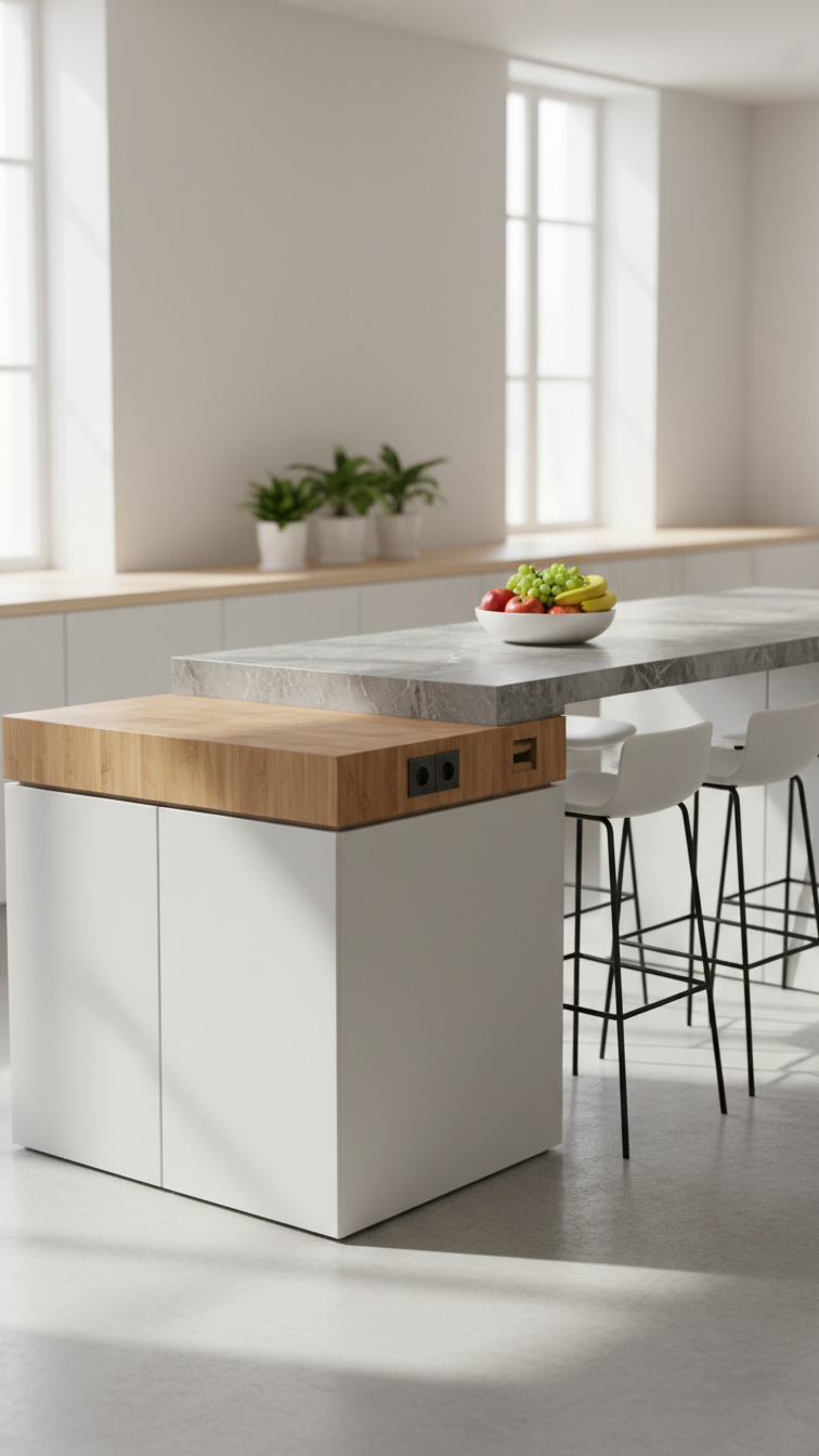 Modern kitchen island: multi-level design, butcher block prep, raised stone dining, integrated power. Sleek stools, fresh fruit.