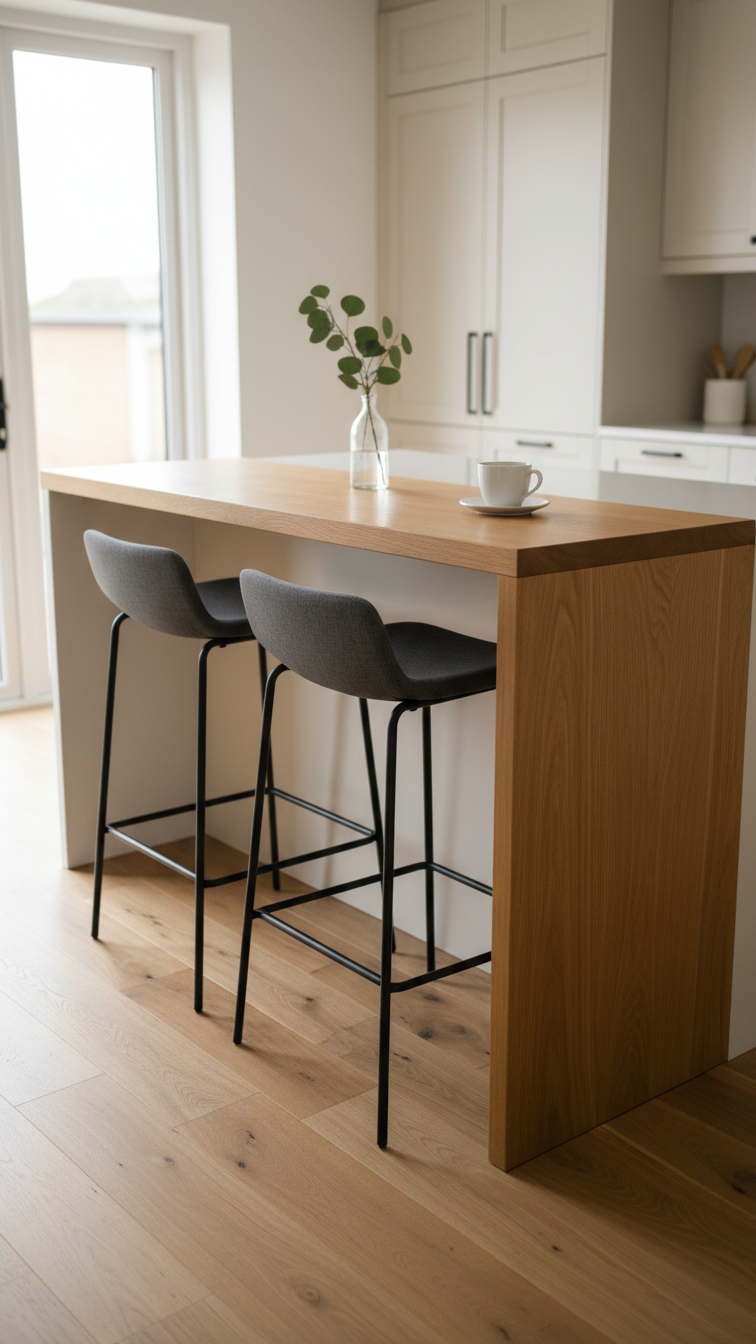 Modern kitchen island with integrated seating, featuring a cantilevered wood breakfast bar and two minimalist backless bar stools.