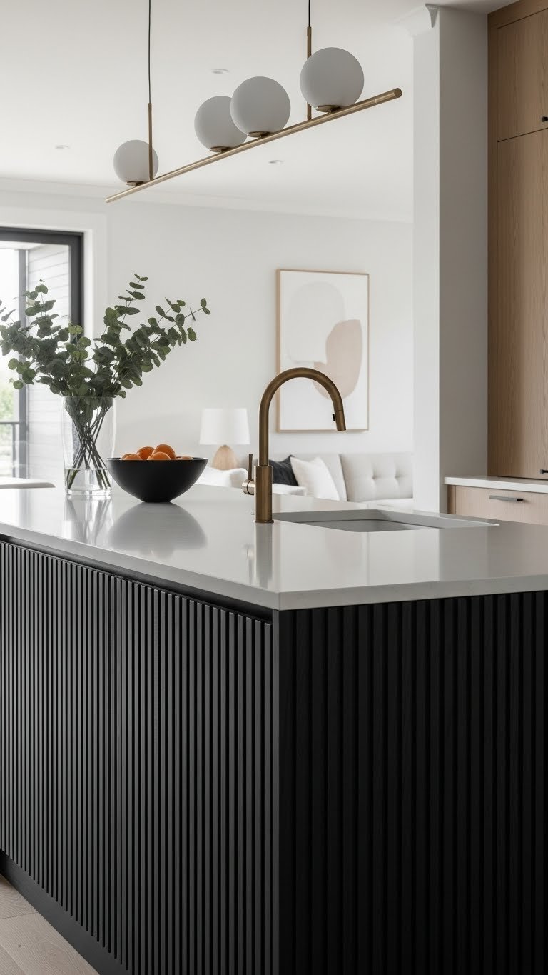 9 Island Design Ideas For Open Kitchen Living Room 11 Modern kitchen island with striking white quartz countertop and dark textured wood base, a vibrant focal point in an elegant kitchen.