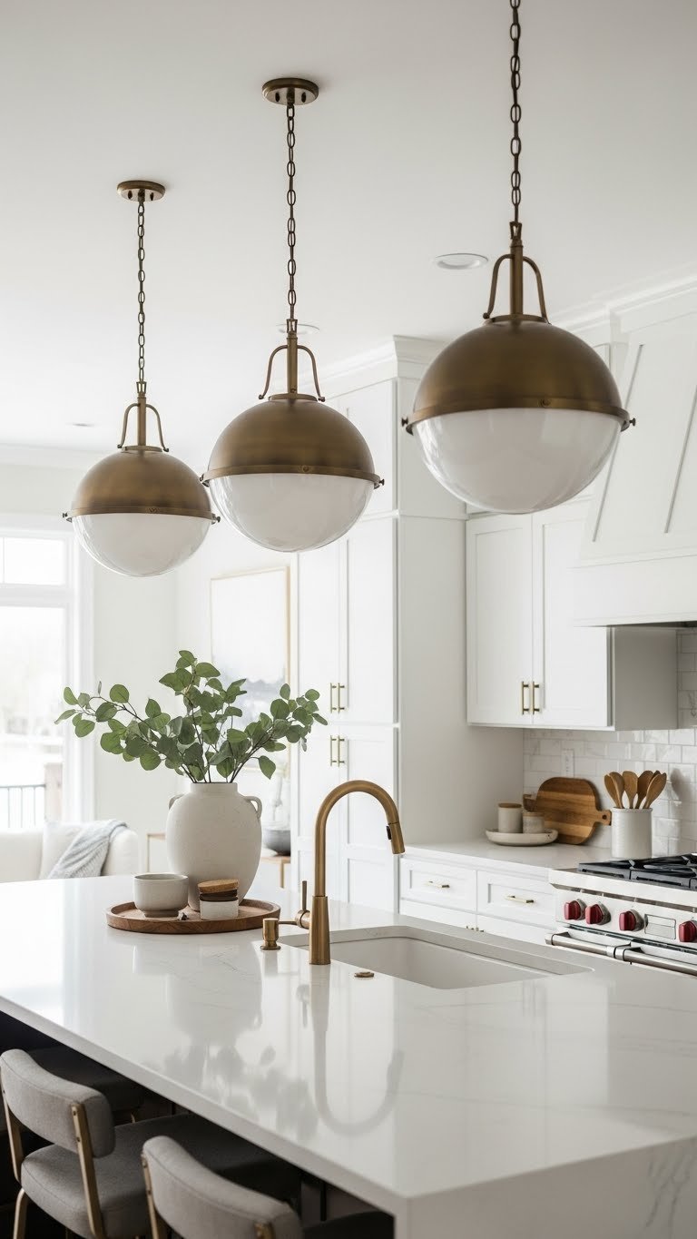 Modern kitchen island with three elegant pendant lights, white quartz countertop, bright open concept. Whites, warm browns, brass.