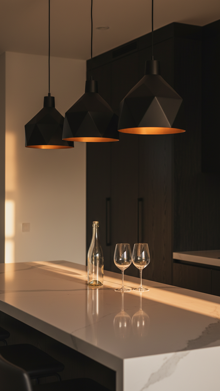 Modern kitchen island with three oversized geometric black pendant lights hanging over a long white minimalist island, warm glow.