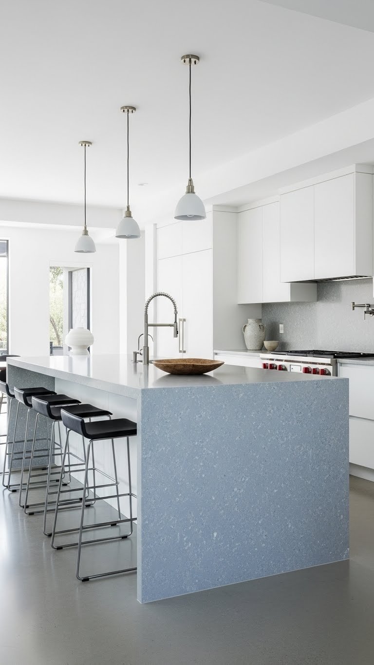 Modern kitchen island with waterfall countertop, bar seating, and pendant lights in an open concept kitchen. Polished concrete floors.