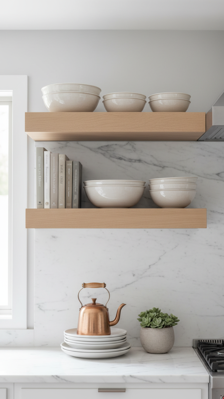 Modern kitchen, light wood open shelving, white marble backsplash, ceramic dishware, cookbooks, succulents. Warm.