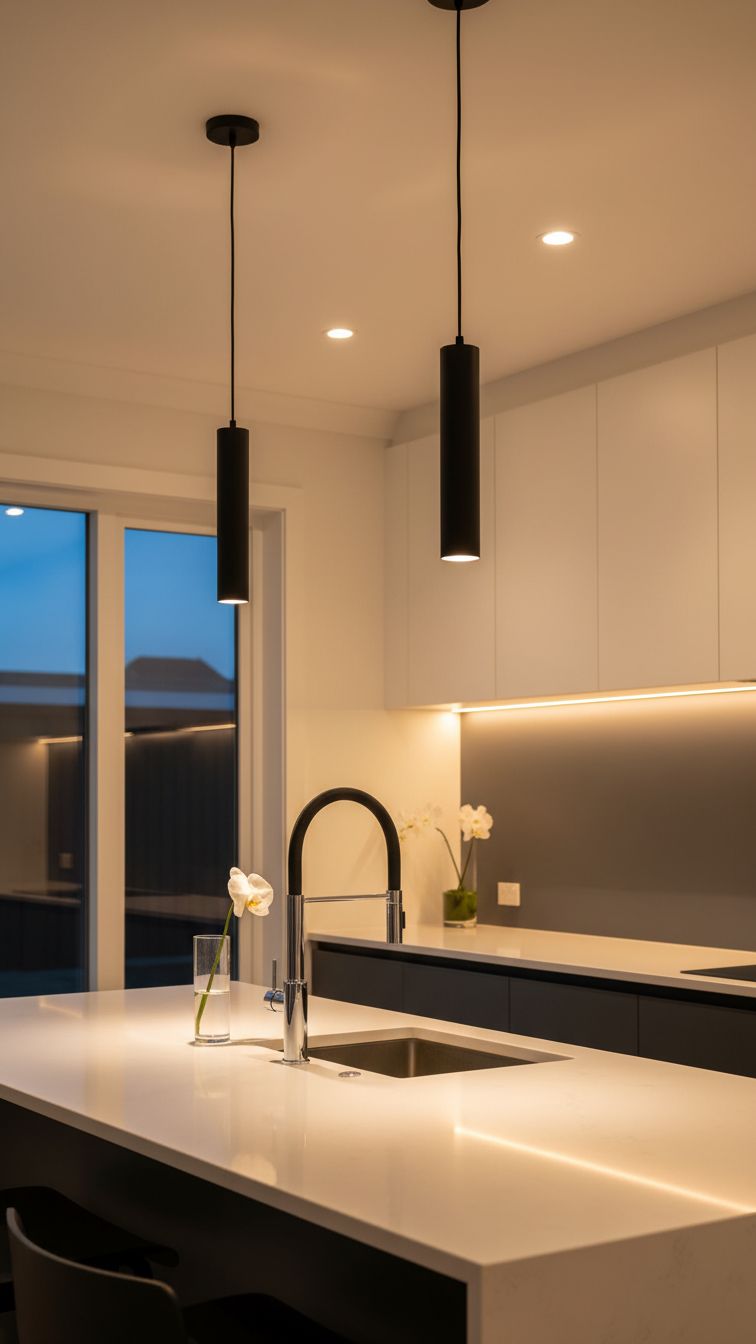 Modern kitchen lighting features recessed, under-cabinet LEDs, and black pendant lights over a white quartz counter.