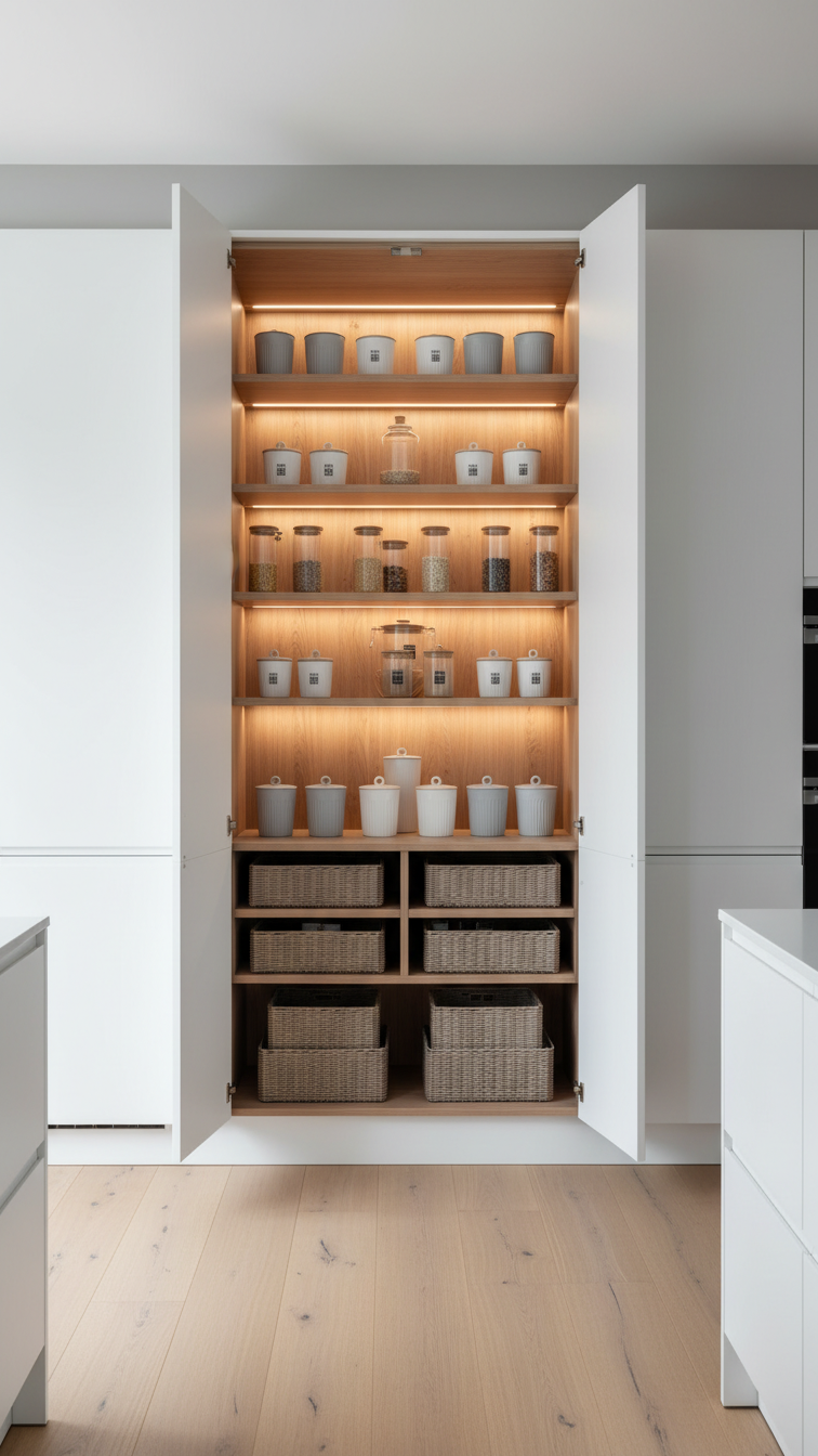 Modern kitchen: massive floor-to-ceiling white cabinet open, revealing organized larder pantry with internal shelving.