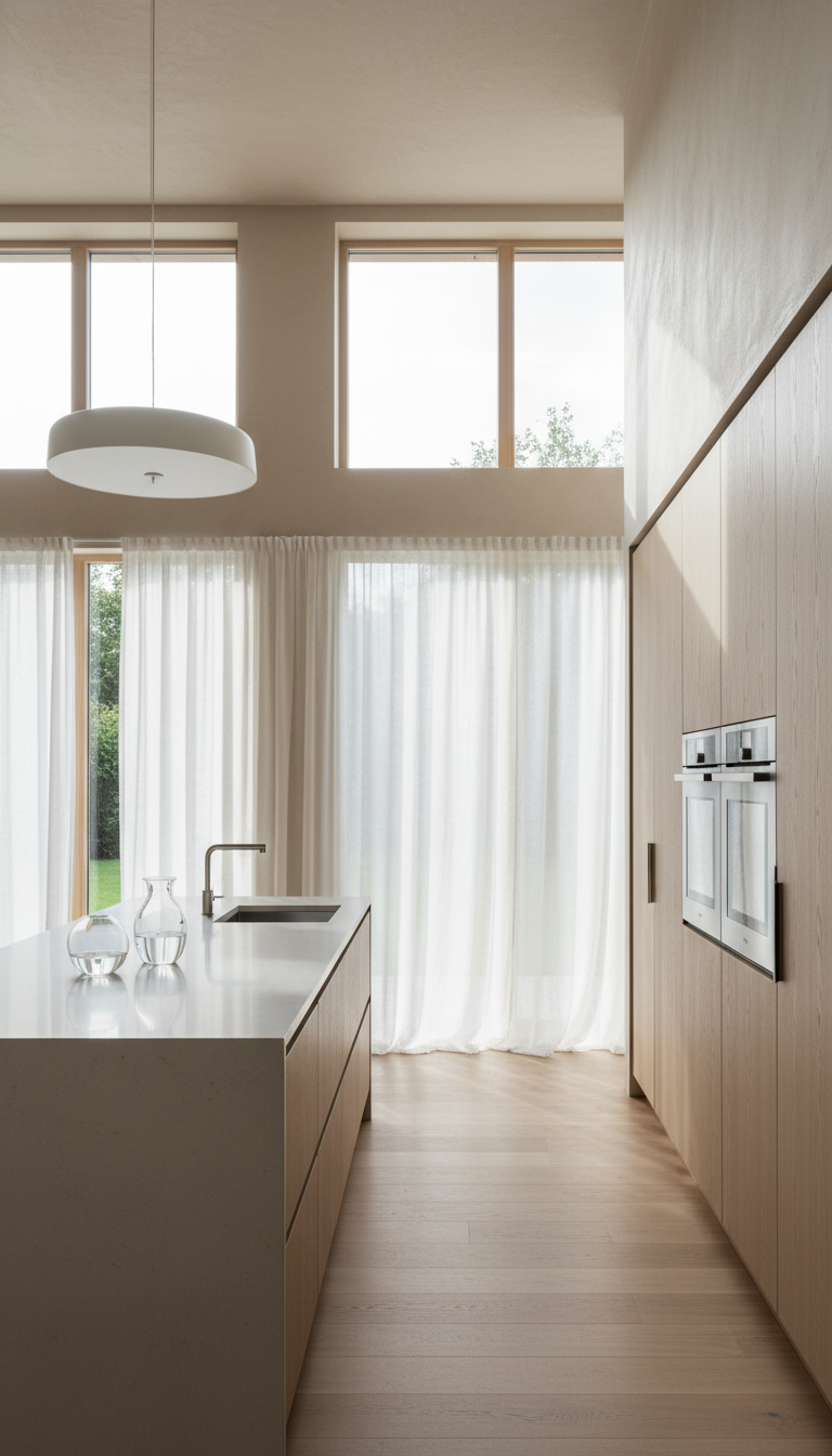 Modern kitchen, natural light, large windows, light wood cabinets. Airy, serene space, glass vases, linen.