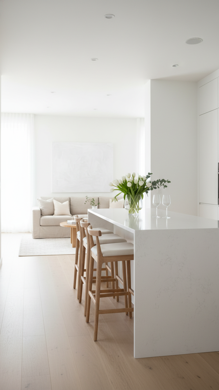 Modern kitchen peninsula, sleek countertop extension anchored to wall, separating open concept kitchen, with seating.