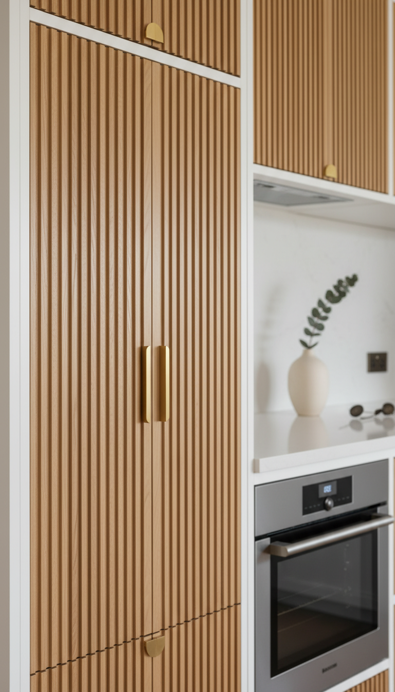 Modern kitchen reeded cabinet doors in natural white oak, vertical fluting, brass pull, sleek stone countertop, soft light, sophisticated texture.