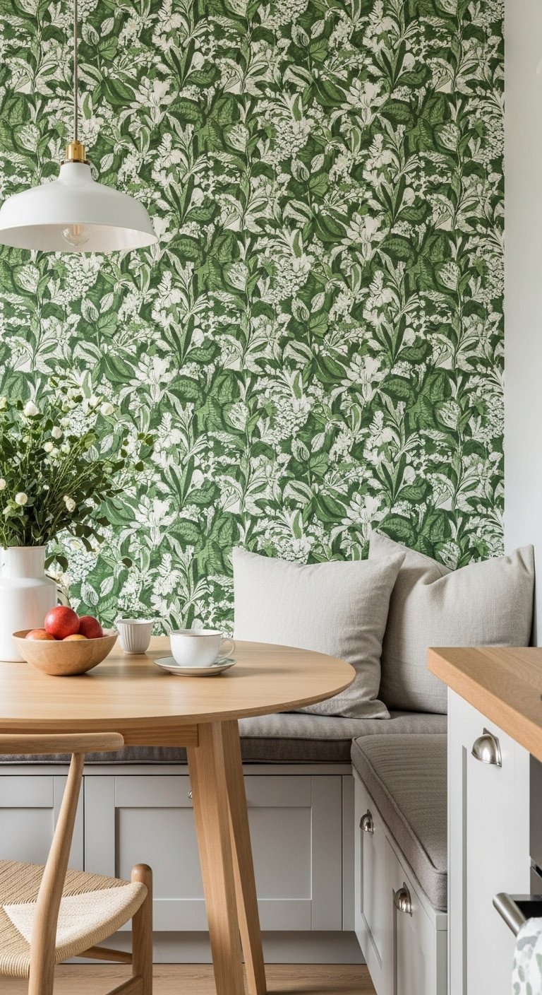 Modern kitchen, rich green zellige tile backsplash, sleek grey cabinets, white quartz countertop, stainless faucet, succulent.