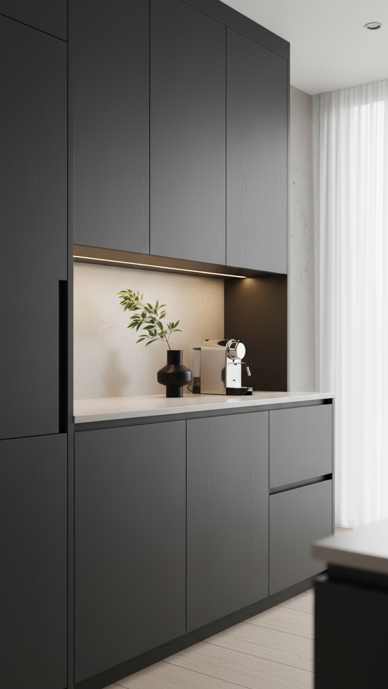 Modern kitchen showcasing floor-to-ceiling dark matte flat-panel cabinetry with clean lines, handleless design, and subtle integrated lighting strips.